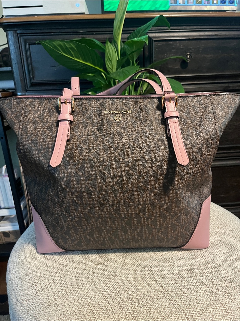 Michael Kors Brown Logo Tote with Pink Trim
